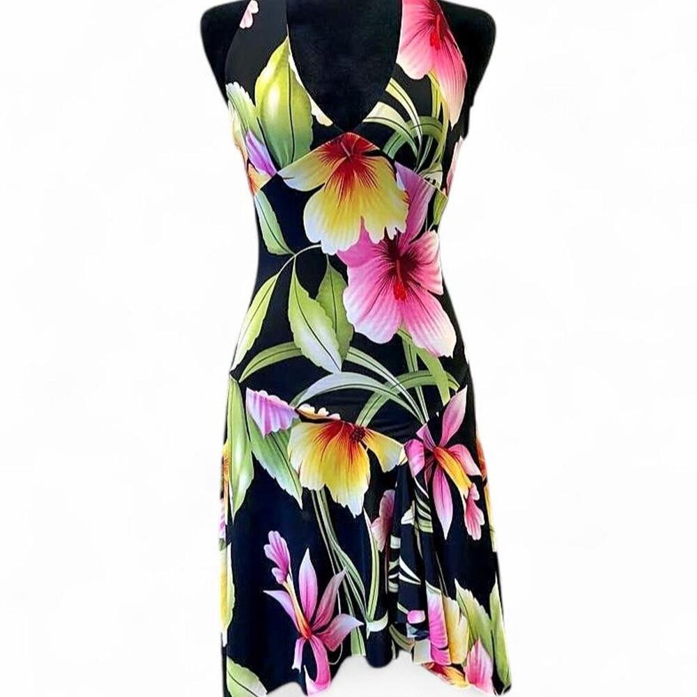 Y2K Hawaiian Floral Halter Dress – Tropical Resortwear Adjustable Halter
